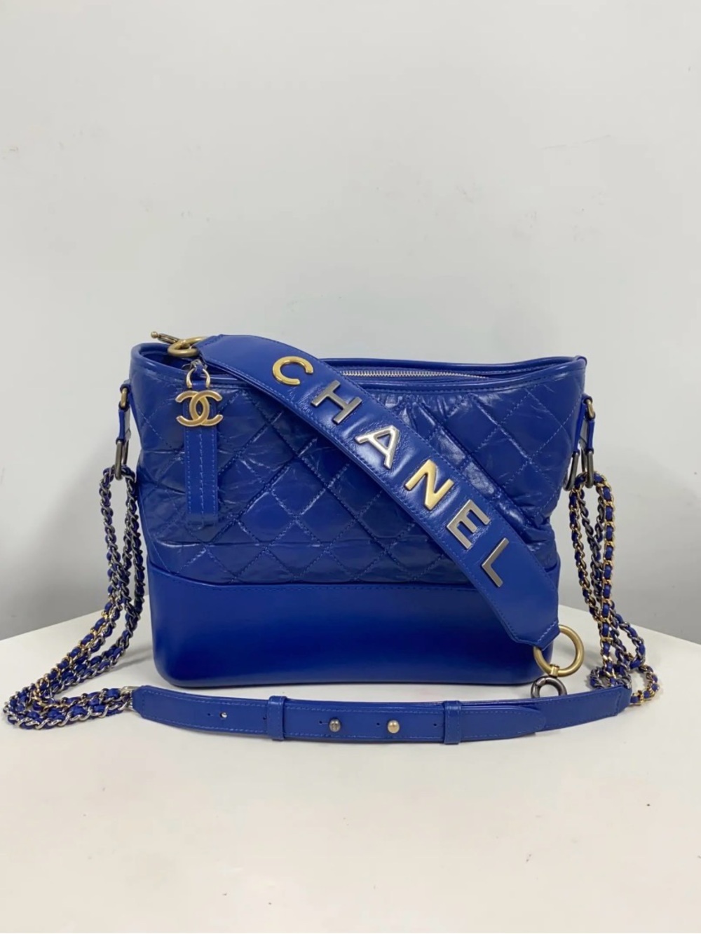 CHANEL Royal Blue Gabrielle Quilted Shoulder Bag with Logo Strap